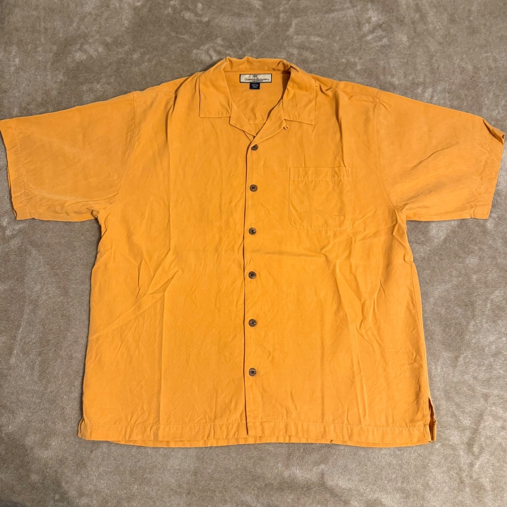 Tommy Bahama Mens Large 100% Silk Short Sleeve Camp Shirt Orange Button Down